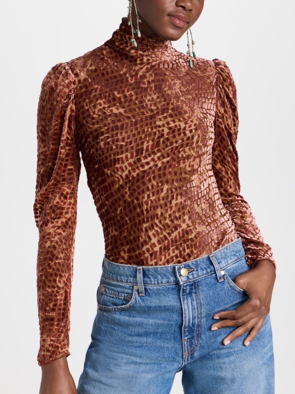 Ulla Johnson Althea Sienna Silk Velvet Burnout Turtleneck Blouse Size 2